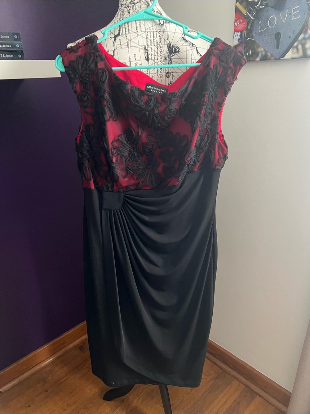 Connected Apparel Red and Black Floral Appliqué Midi Dress